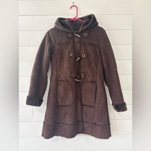 Rothschild Brown Faux Suede Toggle Coat Hooded Fur Lined Jacket Girls XL 16